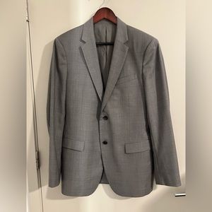 Theory size 44L, jacket and pant 36, gray pinstripe.